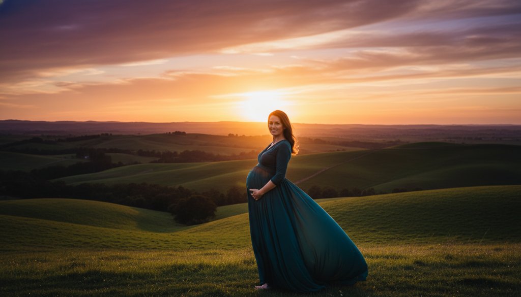 A pregnant woman, radiantly glowing, stands silhouetted against a dramatic sunset over rolling hills in Gisborne, Victoria, embodying bespoke Gisborne maternity photography natural light, with soft golden light highlighting her silhouette and the scenic landscape.