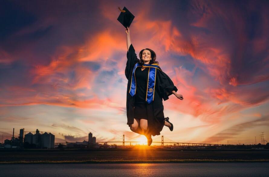A graduating student in academic regalia, cap thrown in the air against a vibrant Brooklyn, Victoria sunset, joyfully celebrating their Bespoke Graduation Photography Brooklyn VIC Capturing Your Triumph moment, with the iconic West Gate Bridge faintly visible in the background, professional and dramatic lighting.