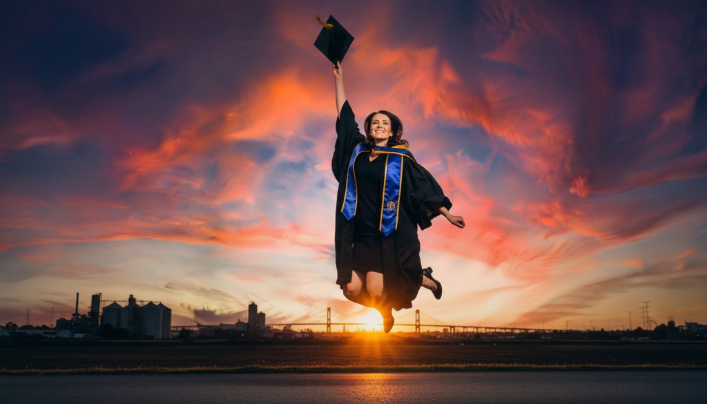 A graduating student in academic regalia, cap thrown in the air against a vibrant Brooklyn, Victoria sunset, joyfully celebrating their Bespoke Graduation Photography Brooklyn VIC Capturing Your Triumph moment, with the iconic West Gate Bridge faintly visible in the background, professional and dramatic lighting.