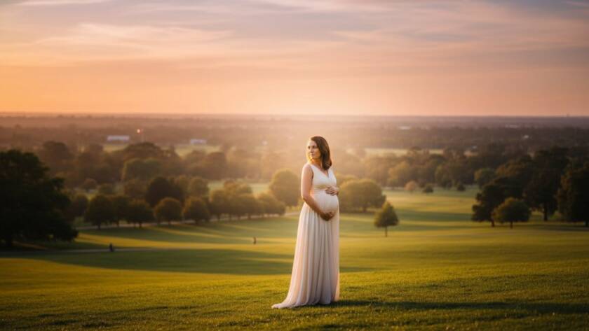 A glowing expectant mother and her partner sharing a tender, emotional moment outdoors in a sun-drenched Box Hill North park, embodying the bespoke maternity photography Box Hill North family connection, captured with dramatic, cinematic lighting.