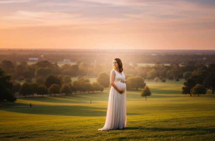 A glowing expectant mother and her partner sharing a tender, emotional moment outdoors in a sun-drenched Box Hill North park, embodying the bespoke maternity photography Box Hill North family connection, captured with dramatic, cinematic lighting.