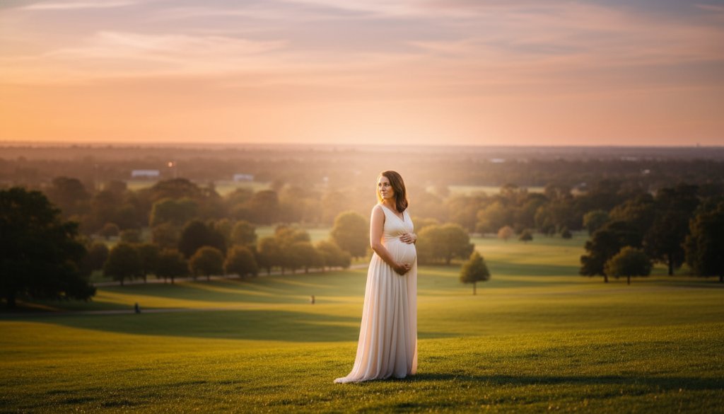 A glowing expectant mother and her partner sharing a tender, emotional moment outdoors in a sun-drenched Box Hill North park, embodying the bespoke maternity photography Box Hill North family connection, captured with dramatic, cinematic lighting.
