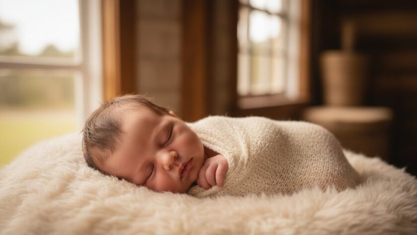 A breathtaking, warm-toned close-up of a newborn baby, peacefully asleep in a soft knitted wrap, bathed in gentle morning light filtering through a window, set in a rustic Hepburn Springs cottage, illustrating bespoke newborn photography Hepburn Springs Victoria.