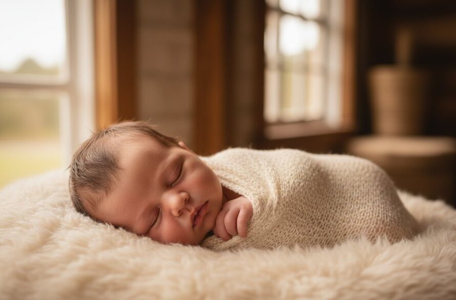 A breathtaking, warm-toned close-up of a newborn baby, peacefully asleep in a soft knitted wrap, bathed in gentle morning light filtering through a window, set in a rustic Hepburn Springs cottage, illustrating bespoke newborn photography Hepburn Springs Victoria.