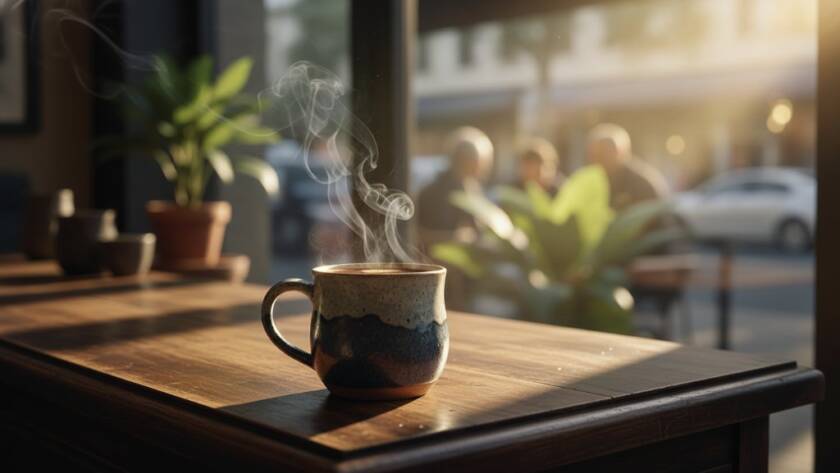 Dramatic, close-up shot of a handcrafted ceramic coffee mug, steam rising gently, artfully arranged on a rustic wooden table in a sun-drenched cafe in Box Hill South, showcasing bespoke product photography Box Hill South VIC with exquisite detail and warm, inviting tones.
