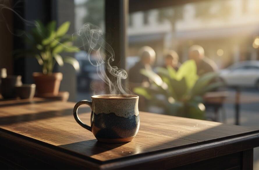 Dramatic, close-up shot of a handcrafted ceramic coffee mug, steam rising gently, artfully arranged on a rustic wooden table in a sun-drenched cafe in Box Hill South, showcasing bespoke product photography Box Hill South VIC with exquisite detail and warm, inviting tones.
