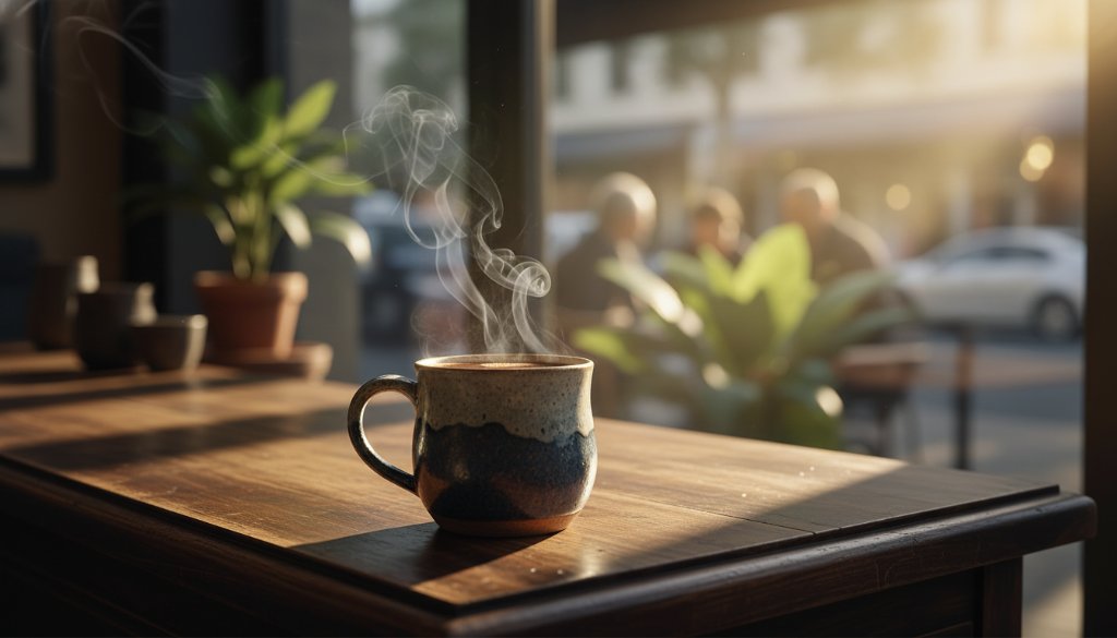 Dramatic, close-up shot of a handcrafted ceramic coffee mug, steam rising gently, artfully arranged on a rustic wooden table in a sun-drenched cafe in Box Hill South, showcasing bespoke product photography Box Hill South VIC with exquisite detail and warm, inviting tones.