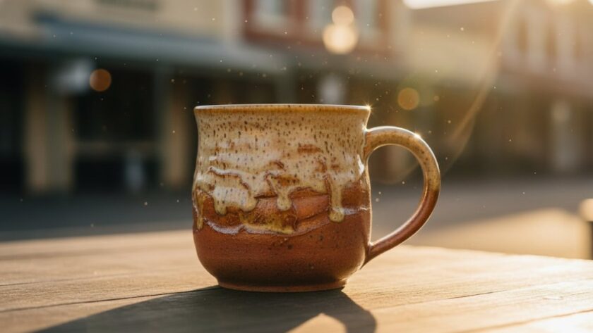 A breathtaking close-up shot of a handcrafted ceramic mug from Clunes, Victoria, glowing in dramatic golden hour light, with subtle bokeh of the historic Clunes main street in the background, embodying bespoke product photography Clunes Victoria artisans would use to elevate their brand. The ceramic's texture is highlighted with professional studio lighting, creating an epic moment of artisanal beauty.