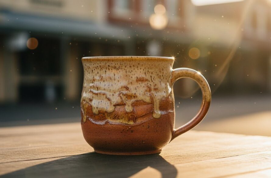 A breathtaking close-up shot of a handcrafted ceramic mug from Clunes, Victoria, glowing in dramatic golden hour light, with subtle bokeh of the historic Clunes main street in the background, embodying bespoke product photography Clunes Victoria artisans would use to elevate their brand. The ceramic's texture is highlighted with professional studio lighting, creating an epic moment of artisanal beauty.
