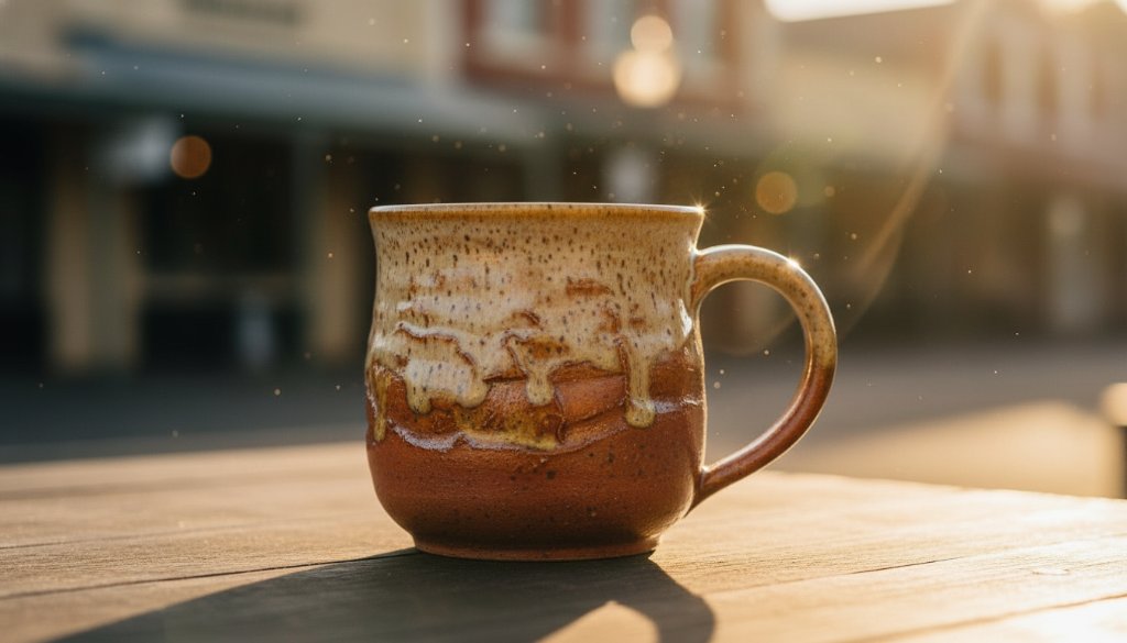 A breathtaking close-up shot of a handcrafted ceramic mug from Clunes, Victoria, glowing in dramatic golden hour light, with subtle bokeh of the historic Clunes main street in the background, embodying bespoke product photography Clunes Victoria artisans would use to elevate their brand. The ceramic's texture is highlighted with professional studio lighting, creating an epic moment of artisanal beauty.