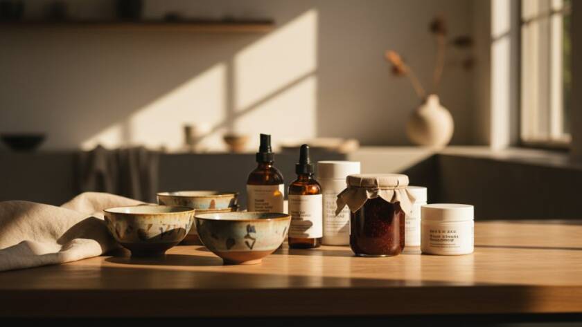 An 'epic moment' style photograph of a beautifully styled collection of artisanal products, such as handcrafted ceramics and organic skincare, dramatically lit against a backdrop inspired by the natural light and leafy streets of Glen Iris, Victoria. The image captures intricate details and textures, designed to showcase bespoke product photography Glen Iris local businesses can leverage for their brand. A subtle glow illuminates the products, creating a luxurious and inviting atmosphere, shot with professional depth of field.