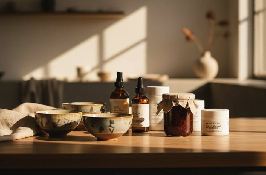 An 'epic moment' style photograph of a beautifully styled collection of artisanal products, such as handcrafted ceramics and organic skincare, dramatically lit against a backdrop inspired by the natural light and leafy streets of Glen Iris, Victoria. The image captures intricate details and textures, designed to showcase bespoke product photography Glen Iris local businesses can leverage for their brand. A subtle glow illuminates the products, creating a luxurious and inviting atmosphere, shot with professional depth of field.