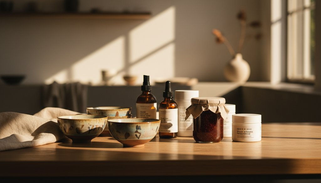 An 'epic moment' style photograph of a beautifully styled collection of artisanal products, such as handcrafted ceramics and organic skincare, dramatically lit against a backdrop inspired by the natural light and leafy streets of Glen Iris, Victoria. The image captures intricate details and textures, designed to showcase bespoke product photography Glen Iris local businesses can leverage for their brand. A subtle glow illuminates the products, creating a luxurious and inviting atmosphere, shot with professional depth of field.