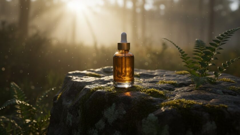 An epic moment captured: a beautifully lit, high-end skincare product, possibly an amber-toned serum bottle, surrounded by native Australian botanicals like eucalyptus leaves and wattle in a serene, mist-kissed Hepburn Springs natural setting, showcasing bespoke product photography Hepburn Springs artisan quality.