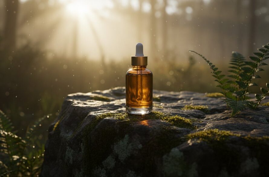 An epic moment captured: a beautifully lit, high-end skincare product, possibly an amber-toned serum bottle, surrounded by native Australian botanicals like eucalyptus leaves and wattle in a serene, mist-kissed Hepburn Springs natural setting, showcasing bespoke product photography Hepburn Springs artisan quality.
