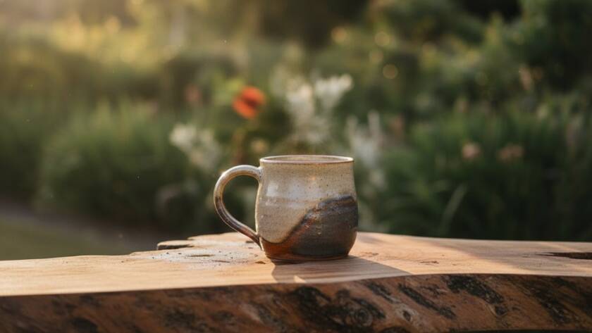 A beautifully lit scene showcasing bespoke product photography for Ringwood North businesses, featuring a handcrafted ceramic vase dramatically highlighted on a rustic timber display, capturing intricate details and a luxurious feel against a soft, sun-drenched background, conveying quality and artistry.