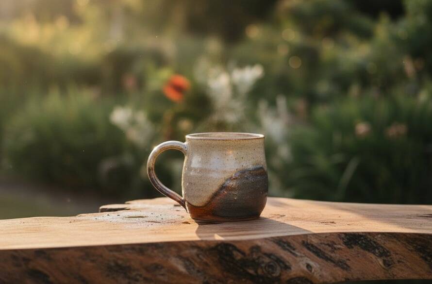 A beautifully lit scene showcasing bespoke product photography for Ringwood North businesses, featuring a handcrafted ceramic vase dramatically highlighted on a rustic timber display, capturing intricate details and a luxurious feel against a soft, sun-drenched background, conveying quality and artistry.
