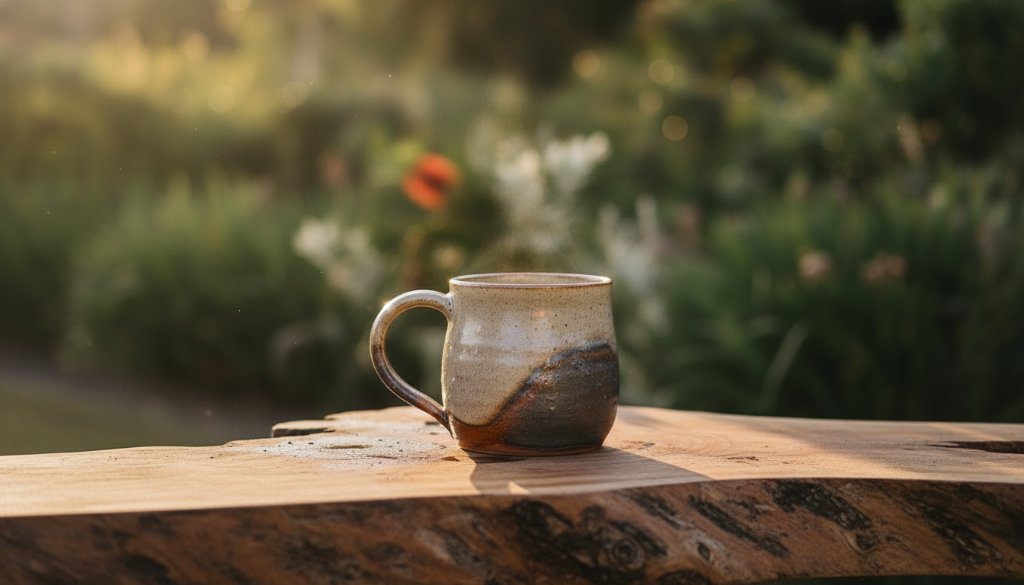 A beautifully lit scene showcasing bespoke product photography for Ringwood North businesses, featuring a handcrafted ceramic vase dramatically highlighted on a rustic timber display, capturing intricate details and a luxurious feel against a soft, sun-drenched background, conveying quality and artistry.