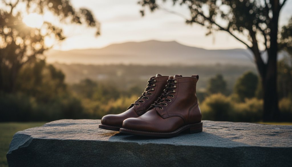 Dramatic wide shot of meticulously arranged artisan handcrafted jewellery on a rustic timber display against a softly blurred backdrop of Ringwood North's autumn foliage, illuminated by a warm, golden hour light, highlighting the intricate details of the products, exemplifying bespoke product photography Ringwood North local businesses.
