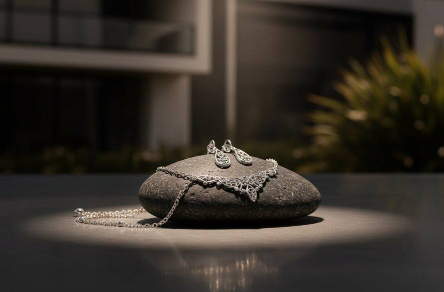 A dynamically lit, cinematic photograph showcasing a meticulously arranged collection of handcrafted jewellery from a local Tarneit artisan, dramatically composed on a rustic wooden table against a blurred background evoking Tarneit's modern suburban charm, highlighting the intricate details of each piece with professional studio lighting, representing bespoke product photography Tarneit for unique local brands.