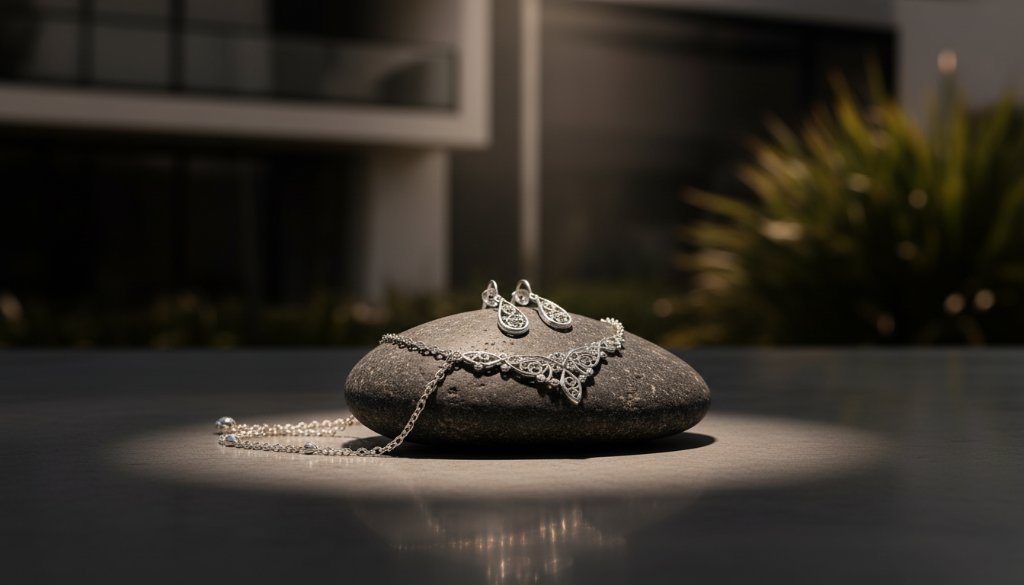 A dynamically lit, cinematic photograph showcasing a meticulously arranged collection of handcrafted jewellery from a local Tarneit artisan, dramatically composed on a rustic wooden table against a blurred background evoking Tarneit's modern suburban charm, highlighting the intricate details of each piece with professional studio lighting, representing bespoke product photography Tarneit for unique local brands.
