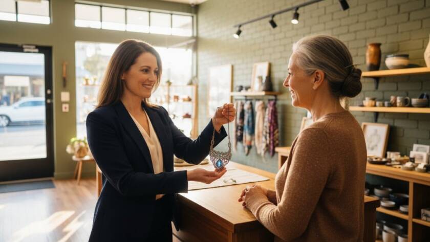 A dynamic, wide-angle shot of a beautifully lit boutique interior in Malvern, Victoria, showcasing bespoke retail photography Malvern businesses. A smiling shop owner warmly greets a customer, captured with a shallow depth of field, natural light streaming through the front window, creating an 'epic moment' of welcoming commerce, professionally colour-graded.