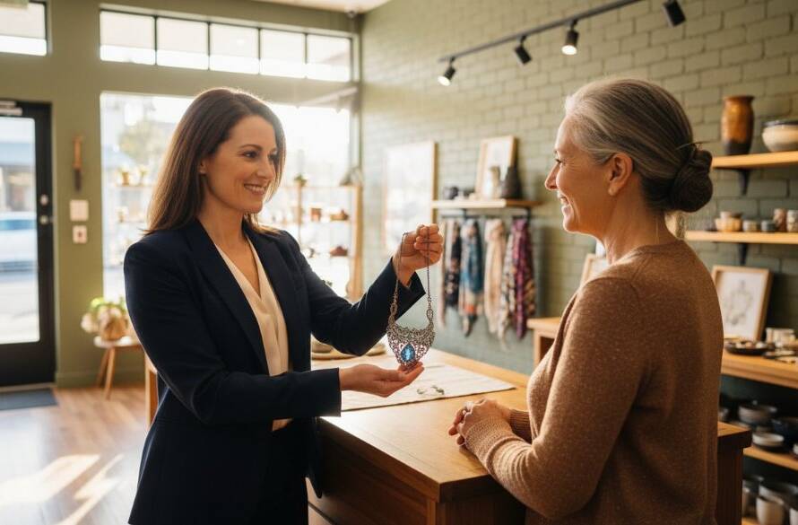 A dynamic, wide-angle shot of a beautifully lit boutique interior in Malvern, Victoria, showcasing bespoke retail photography Malvern businesses. A smiling shop owner warmly greets a customer, captured with a shallow depth of field, natural light streaming through the front window, creating an 'epic moment' of welcoming commerce, professionally colour-graded.