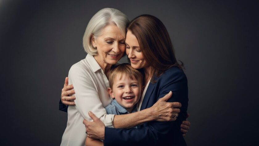 An emotionally resonant, professionally lit studio portrait capturing a family's joyous connection, showcasing bespoke studio photography experiences Warragul offers, with a dramatic, cinematic feel.
