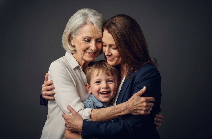 An emotionally resonant, professionally lit studio portrait capturing a family's joyous connection, showcasing bespoke studio photography experiences Warragul offers, with a dramatic, cinematic feel.