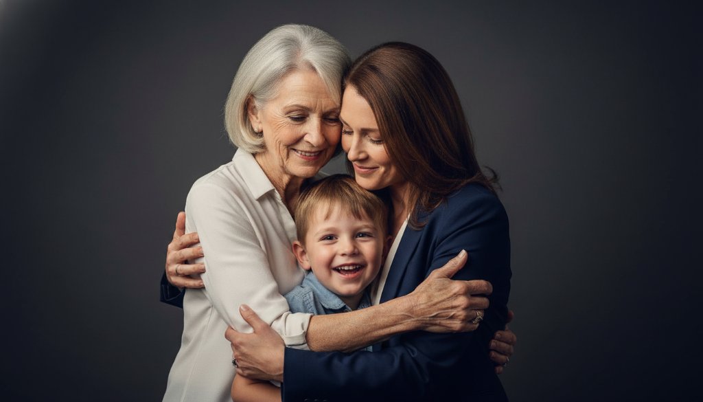An emotionally resonant, professionally lit studio portrait capturing a family's joyous connection, showcasing bespoke studio photography experiences Warragul offers, with a dramatic, cinematic feel.