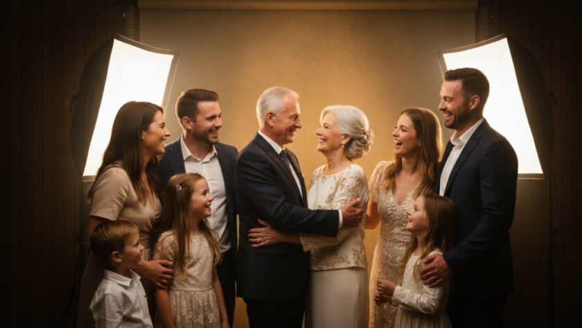 A stunning, color-graded professional photograph showcasing bespoke studio photography Kyneton milestones, with a multi-generational family joyfully celebrating a significant milestone amidst dramatic, cinematic lighting in a modern studio setting.