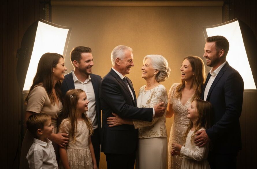 A stunning, color-graded professional photograph showcasing bespoke studio photography Kyneton milestones, with a multi-generational family joyfully celebrating a significant milestone amidst dramatic, cinematic lighting in a modern studio setting.