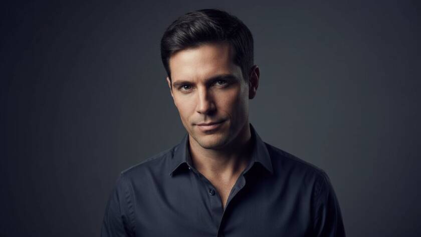 A powerful, cinematic studio portrait of a confident professional with dramatic lighting, capturing an 'epic moment' of connection and personality. This image showcases a bespoke studio portrait photography experience Elsternwick, expertly color-graded.