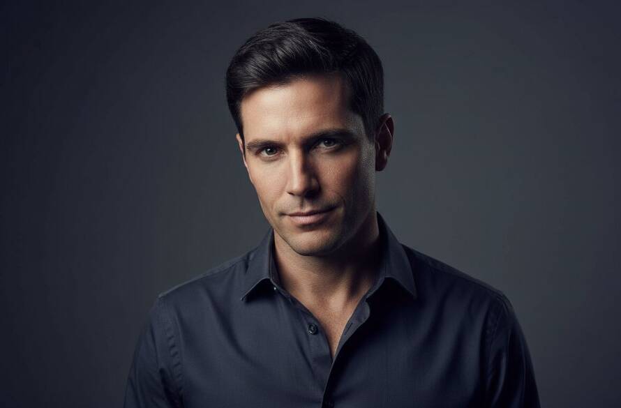 A powerful, cinematic studio portrait of a confident professional with dramatic lighting, capturing an 'epic moment' of connection and personality. This image showcases a bespoke studio portrait photography experience Elsternwick, expertly color-graded.