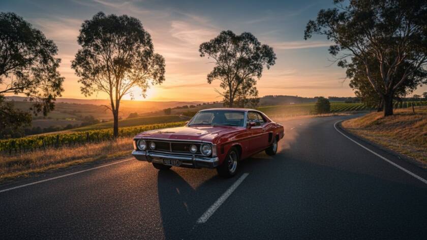 An epic, cinematic shot of a gleaming classic muscle car under dramatic sunset light in a picturesque Croydon, Victoria vineyard, perfectly showcasing bespoke vintage car photography by Image by SD.