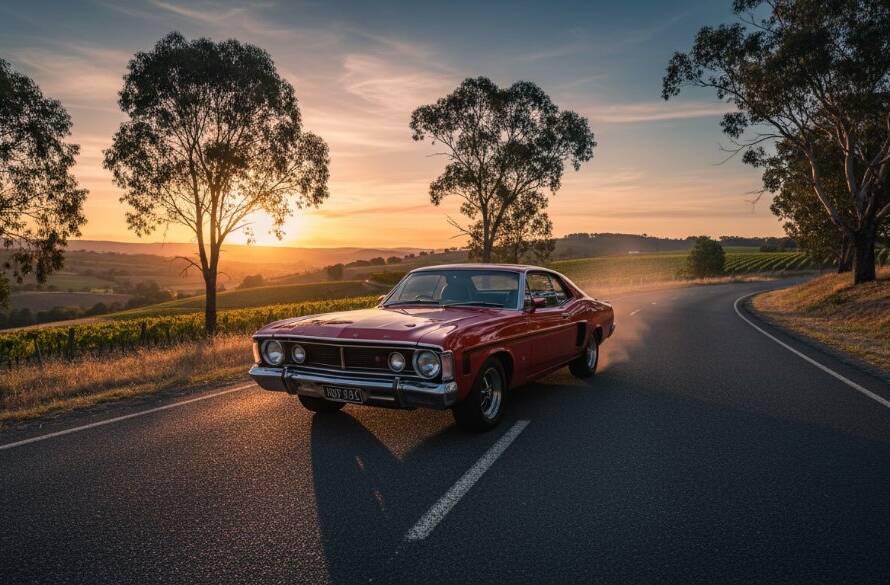 An epic, cinematic shot of a gleaming classic muscle car under dramatic sunset light in a picturesque Croydon, Victoria vineyard, perfectly showcasing bespoke vintage car photography by Image by SD.