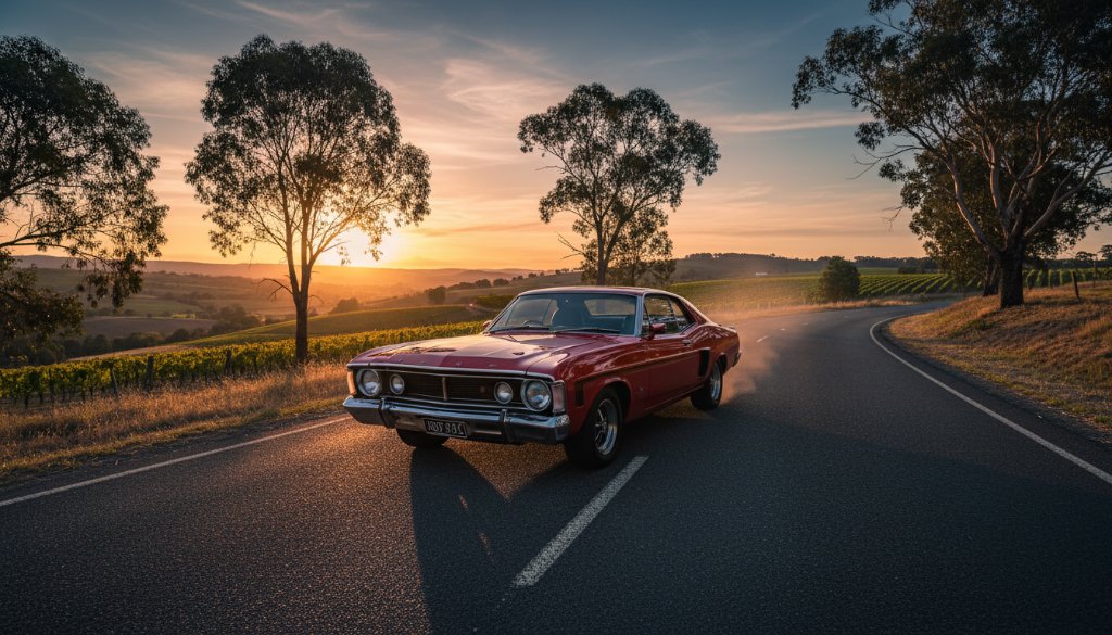 An epic, cinematic shot of a gleaming classic muscle car under dramatic sunset light in a picturesque Croydon, Victoria vineyard, perfectly showcasing bespoke vintage car photography by Image by SD.