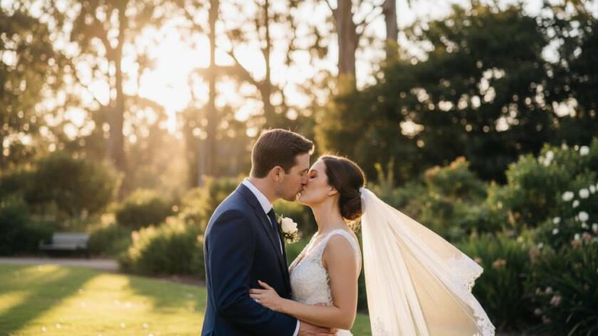 A couple shares a tender, intimate kiss amidst the golden hour glow in a lush Heathmont park, showcasing bespoke wedding photography Heathmont Victoria offers, with dramatic backlighting highlighting their joy.