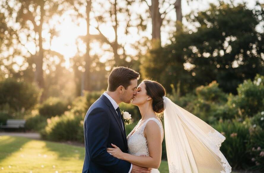 A couple shares a tender, intimate kiss amidst the golden hour glow in a lush Heathmont park, showcasing bespoke wedding photography Heathmont Victoria offers, with dramatic backlighting highlighting their joy.