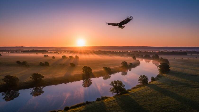 A dramatic sunset over the Yarra River in Wonga Park, showcasing bespoke Wonga Park fine art landscape photography. A lone figure stands silhouetted against vibrant orange and purple skies, reflecting on the water, capturing an epic, serene moment.