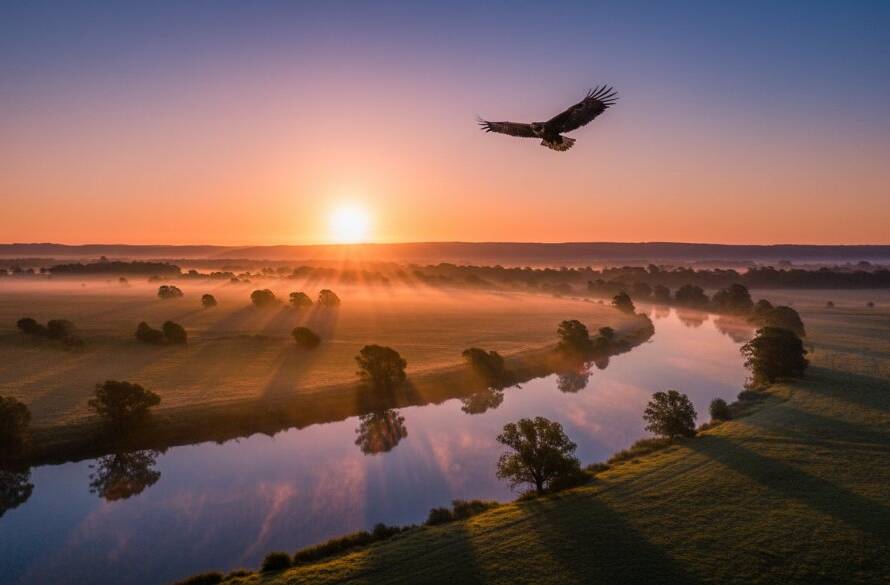 A dramatic sunset over the Yarra River in Wonga Park, showcasing bespoke Wonga Park fine art landscape photography. A lone figure stands silhouetted against vibrant orange and purple skies, reflecting on the water, capturing an epic, serene moment.