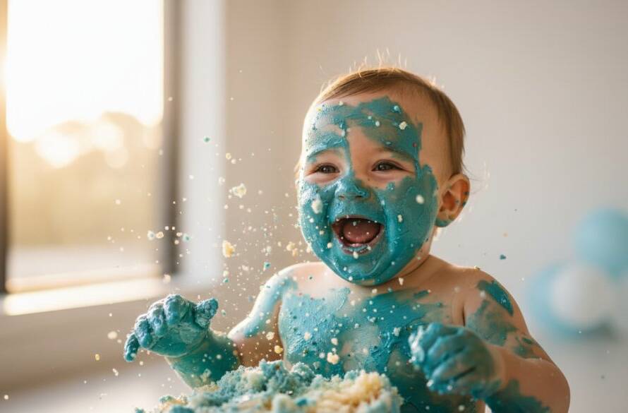 An epic moment captured: a delighted baby covered in blue frosting, laughing amidst a whimsical, beach-themed cake smash setup in Chelsea, Victoria, dramatic natural light from a nearby window highlighting their joyous expression, a professional, colour-graded photograph.