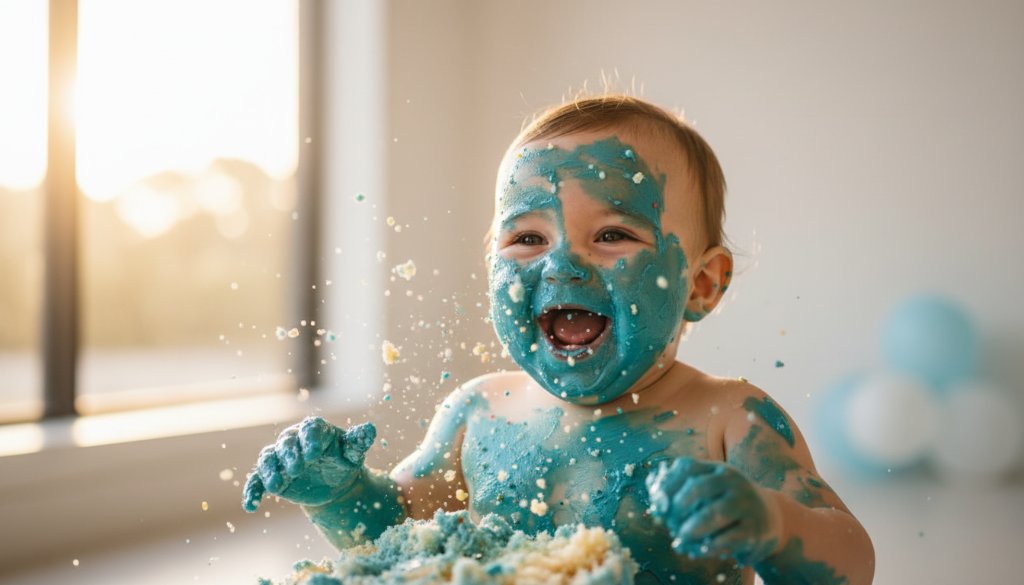 An epic moment captured: a delighted baby covered in blue frosting, laughing amidst a whimsical, beach-themed cake smash setup in Chelsea, Victoria, dramatic natural light from a nearby window highlighting their joyous expression, a professional, colour-graded photograph.