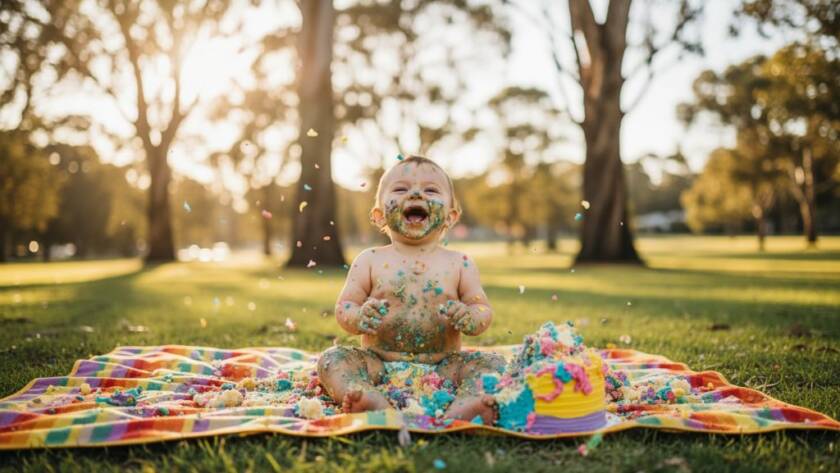 An emotionally charged, wide-angle 'epic moment' photograph of a joyous baby completely covered in cake, laughing amidst colorful confetti, with soft, golden hour light filtering through eucalyptus trees in a beautiful Forest Hill park setting, showcasing the Best Cake Smash Photography Forest Hill Victoria.