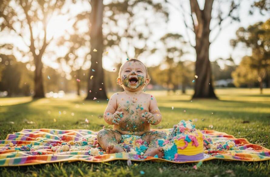 An emotionally charged, wide-angle 'epic moment' photograph of a joyous baby completely covered in cake, laughing amidst colorful confetti, with soft, golden hour light filtering through eucalyptus trees in a beautiful Forest Hill park setting, showcasing the Best Cake Smash Photography Forest Hill Victoria.