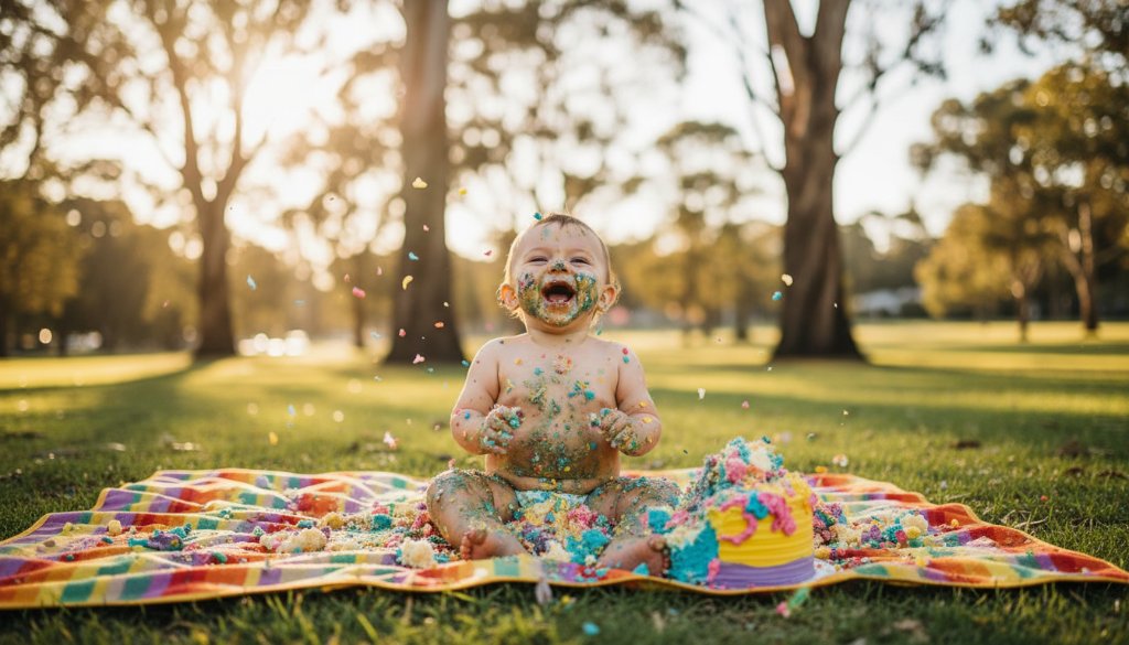 An emotionally charged, wide-angle 'epic moment' photograph of a joyous baby completely covered in cake, laughing amidst colorful confetti, with soft, golden hour light filtering through eucalyptus trees in a beautiful Forest Hill park setting, showcasing the Best Cake Smash Photography Forest Hill Victoria.