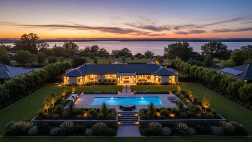 An 'epic moment' aerial view showcasing a stunning modern home in Colac, Victoria, with its sparkling pool and lush gardens, set against the serene backdrop of Lake Colac at sunset, dramatically lit with warm, golden hour light, illustrating the impact of the best Colac real estate photography for faster property sales.