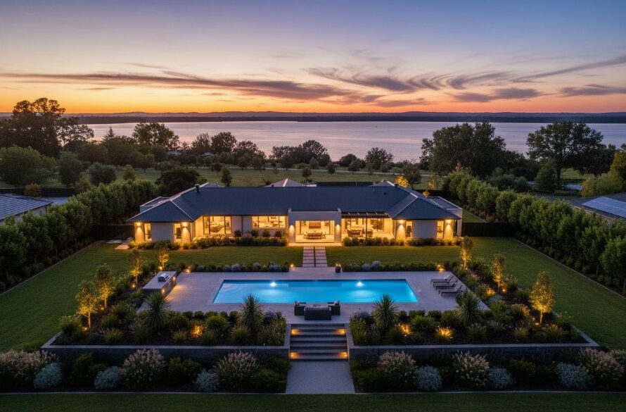 An 'epic moment' aerial view showcasing a stunning modern home in Colac, Victoria, with its sparkling pool and lush gardens, set against the serene backdrop of Lake Colac at sunset, dramatically lit with warm, golden hour light, illustrating the impact of the best Colac real estate photography for faster property sales.