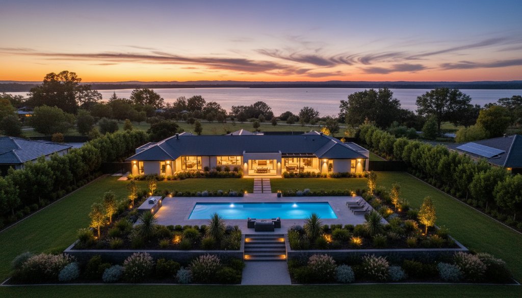 An 'epic moment' aerial view showcasing a stunning modern home in Colac, Victoria, with its sparkling pool and lush gardens, set against the serene backdrop of Lake Colac at sunset, dramatically lit with warm, golden hour light, illustrating the impact of the best Colac real estate photography for faster property sales.