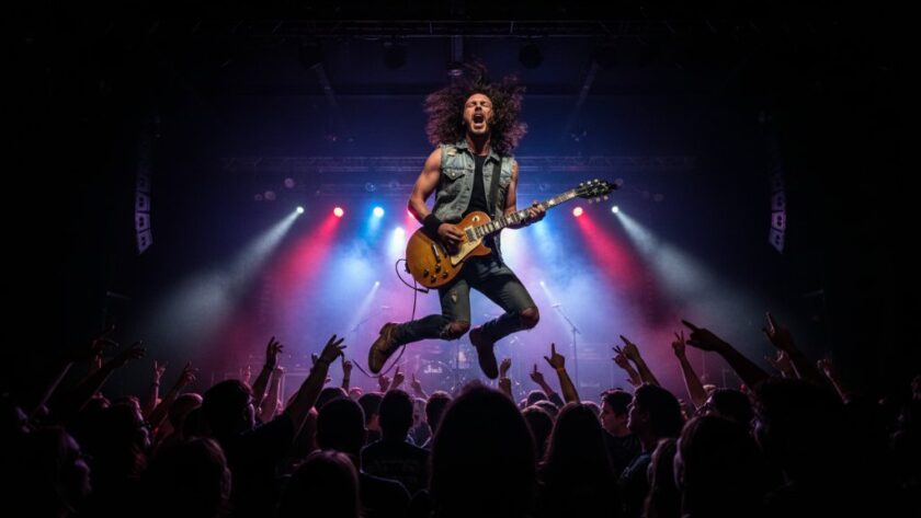 A wide-angle, dramatic shot showcasing the best concert photography East Geelong Victoria, featuring a lead singer mid-scream under dynamic stage lights, surrounded by an energetic crowd.